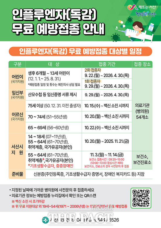 서산시, 인플루엔자(독감) 무료 예방접종 실시 안내문. /서산시