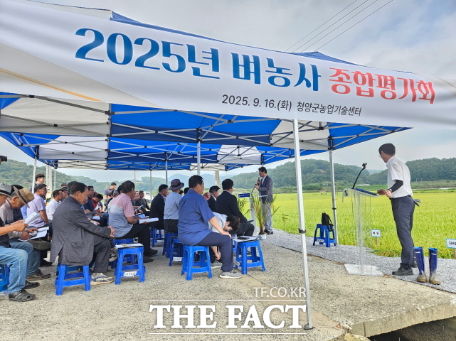청양군이 16일 청남면 일원에서 지역 농업인과 관계 공무원 등이 참석한 가운데 2025년 벼농사 평가회를 열고 있다. /청양군