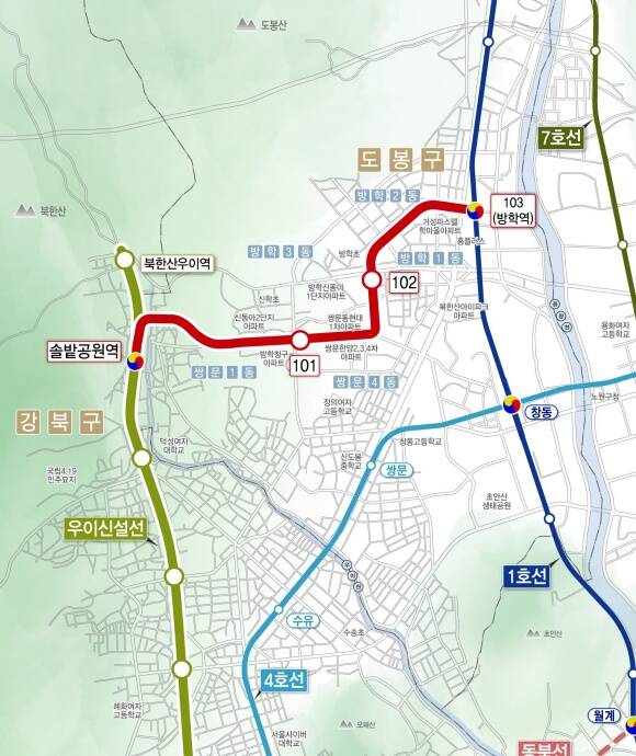 서울시는 우이신설 연장선 사업을 본격화한다고 밝혔. 우이신선설 연장선 노선도. /서울시