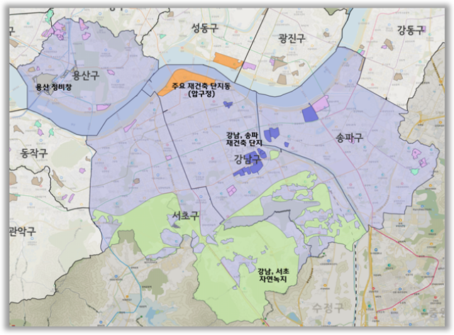 서울시가 강남3구(강남·서초·송파)와 용산구의 아파트 부지를 포함한 지역을 토지거래허가구역으로 재지정하기로 했다. 강남3구, 용산구 토허구역 재지정 현황. /서울시