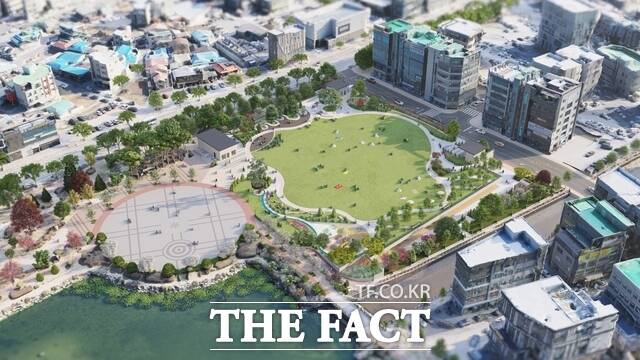 서산 예천지구 공영주차장·초록광장 조성 사업 조감도. 왼쪽에 호수공원이 위치하고 옆으로 광장과 휴식공간이 들어선다. /서산시