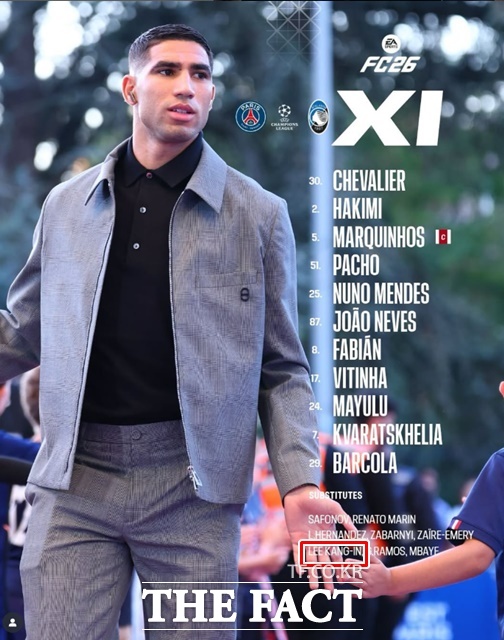 부상 우려를 딛고 아탈란타전 교체 명단에 이름을 올린 이강인./PSG