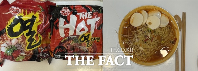 오뚜기 열라면(왼쪽)과 새로 출시된 더핫 열라면의 모습이다. 기자는 더핫 열라면에 콩나물과 순두부를 추가해 먹었다. /문화영 기자