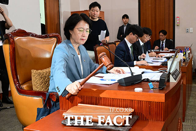 24일 오후 서울 여의도 국회에서 열린 법제사법위원회 전체회의에서 추미애 위원장이 의사봉을 두드리고 있다. /국회=남윤호 기자