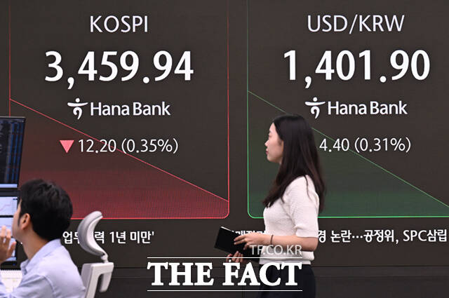 25일 오전 서울 중구 하나은행 본점 딜링룸 전광판에 코스피 지수가 나타나고 있다. /이새롬 기자