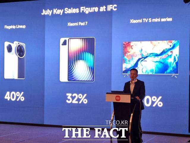 조니 우 샤오미코리아 사장이 기자간담회장에서 국내 시장 성과를 설명하고 있다. /이성락 기자