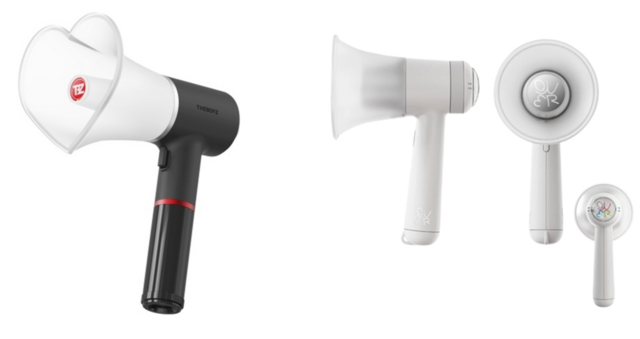 더보이즈의 응원봉(왼쪽)과 QWER의 응원봉. 세부적인 모양의 차이는 있으나 둘 모두 확성기 형태를 하고 있다./원헌드레드·타마고 프로덕션