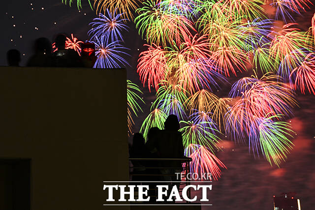 2025 서울세계불꽃축제가 27일 오후 서울 여의도 한강공원에서 열린 가운데 시민들이 가을 밤하늘을 수놓은 불꽃을 바라보고 있다. /서예원 기자