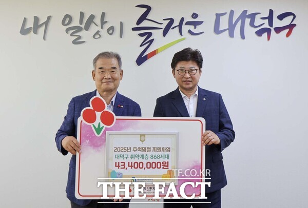 대전사회복지공동모금회가 29일 대덕구에 추석 명절 지원금 4340만 원을 전달했다. 최충규 대덕구청장(사진 오른쪽)과 유재욱 대전새화복지공동모금회장이 기념 촬영을 하고 있다. /대덕구
