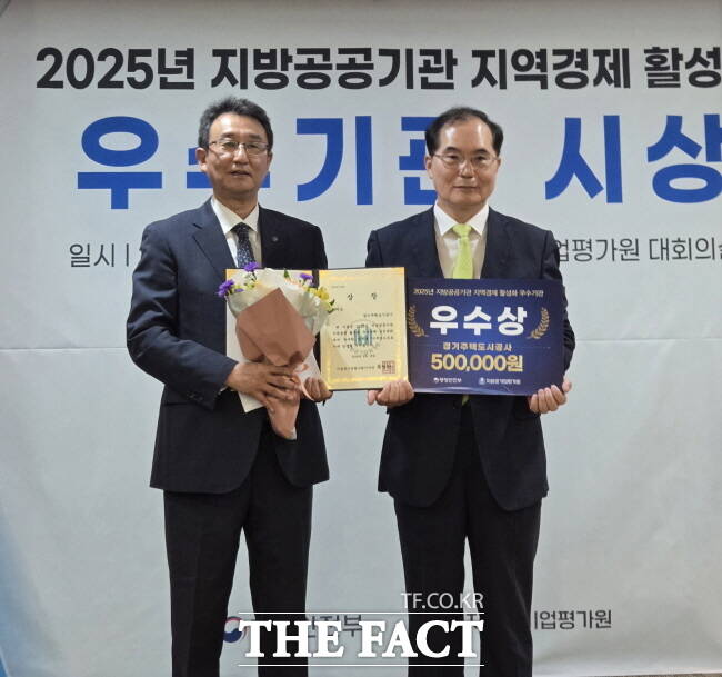 강성혁 경기주택도시공사 도시활성화본부장이 목영만(오른쪽) 지방공기업평가원 이사장으로부터 우수상을 받고 있다./경기주택도시공사