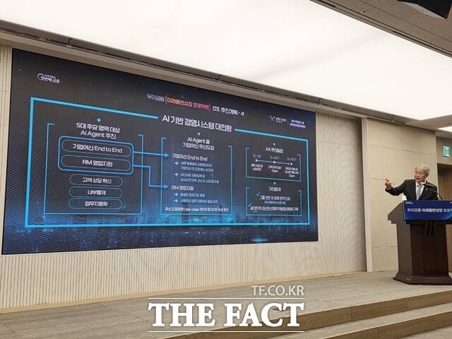 임종룡 우리금융그룹 회장이 29일 서울 명동에 위치한 우리은행 본점에서 우리금융 미래동반성장 프로젝트 CEO 합동 브리핑 발표를 통해 AI 전환에 대한 설명을 하고 있다. /김태환 기자