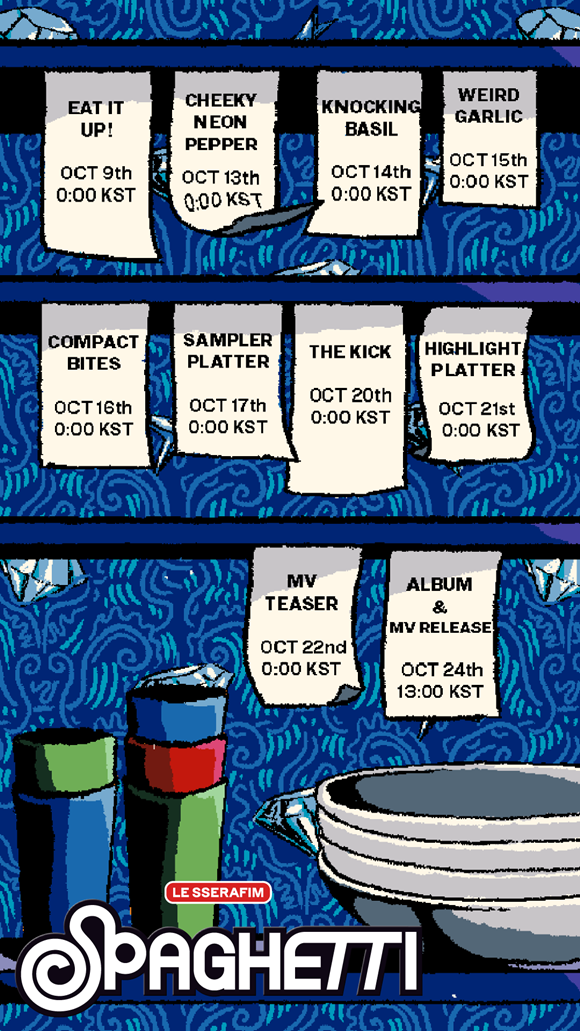 르세라핌의 첫 싱글 SPAGHETTI 타임테이블이 공개됐다. /쏘스뮤직