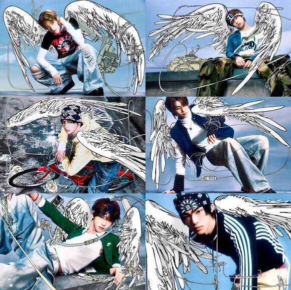 그룹 투어스의 지훈 경민 영재 도훈 한진 신유(왼쪽 위부터 시계방향). 이들은 새 오피셜 포토에서 2D 그래픽으로 날개를 표현한 개성 있는 그래픽 요소와 과감한 스타일링으로 만화같은 비주얼을 연출했다./플레디스엔터테인먼트
