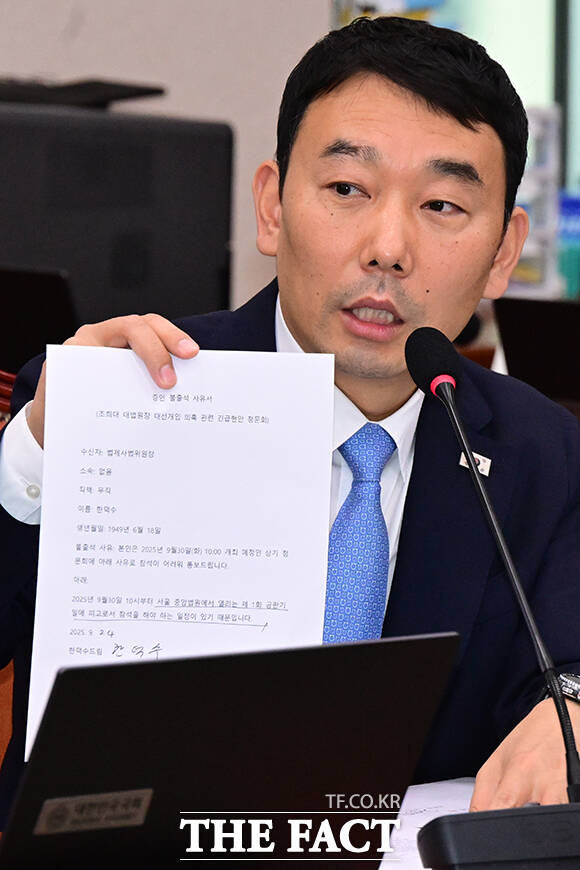한덕수 전 국무총리가 제출한 증인 불출석 사유서를 들어보이는 김용민 의원.