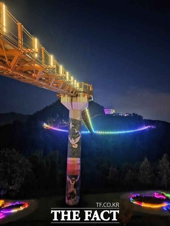 한탄강 가든 나이트 투어를 통해 아름다운 조명으로 더욱 화려해진 국내 최장 410m의 경기 포천시 한탄강 와이(Y)형 출렁다리. /포천시