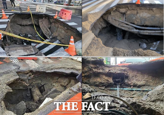 올해 4월 13, 14일 부산 사상~하단선 도시철도 공사 구간에서 발생한 땅 꺼짐 현상. /부산시