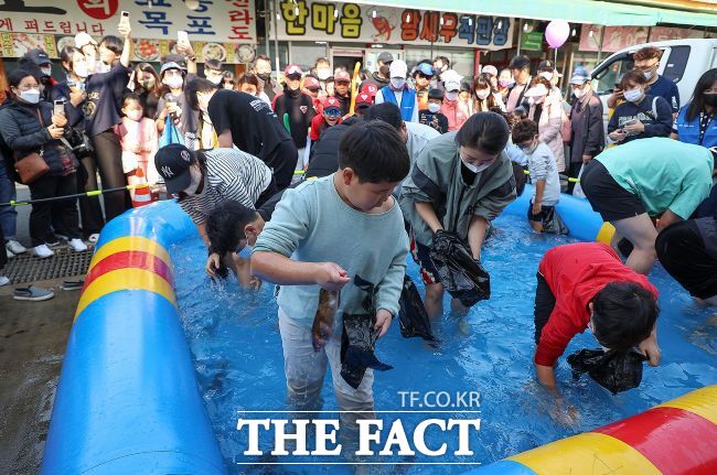 시민들이 맨손 고기잡이 체험을 하고 있다. /시흥시