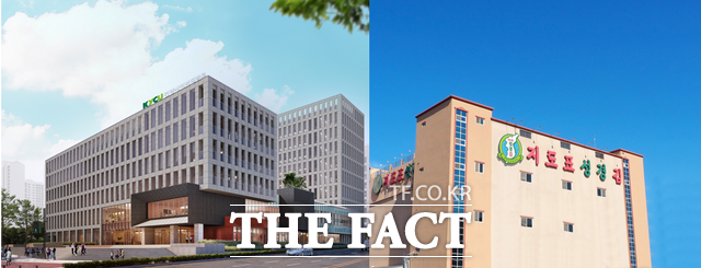 건양사이버대학교(왼쪽)과 성경식품 전경. /건양사이버대