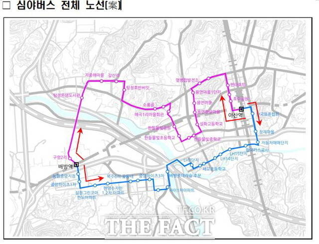 아산시 심야버스 노선도. /아산시