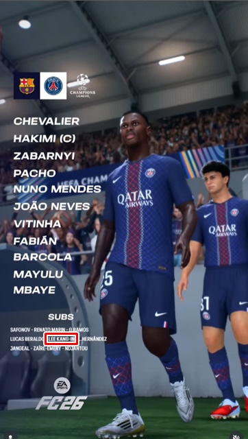 2일 바르셀로나와 2025~2026 UCL 리그 페이즈 2차전 교체명단에 이름을 올린 이강인./PSG