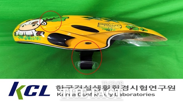 어린이용 헬멧 제품에서는 외관과 내부, 턱 보호대에서 프탈레이트 가소제가 국내 기준치 대비 최대 746.6배, 납이 기준치(100mg/kg 이하) 대비 최대 57.6배 초과 검출됐다./서울시