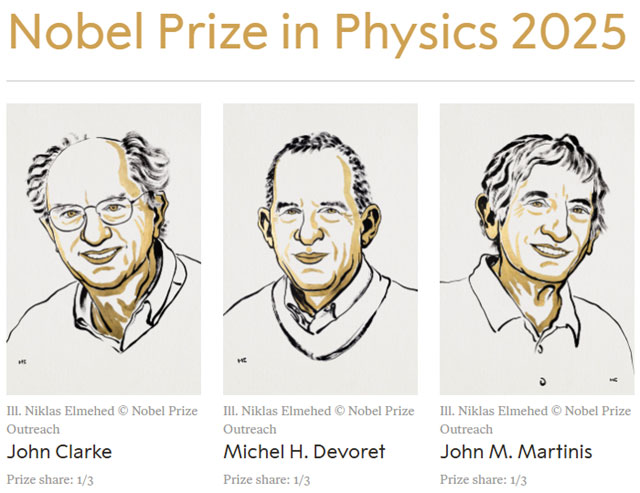 2025년 노벨 물리학상 수상자로 미국 캘리포니아대 소속의 양자역학 과학자인 존 클라크, 마이클 데보레, 존 마티니스가 선정됐다. /노벨위원회