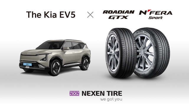 넥센타이어는 기아의 전기 스포츠유틸리티차(SUV) 더 기아 EV5에 프리미엄 SUV 타이어 로디안 GTX와 초고성능 여름용 타이어 엔페라 스포츠를 신차용 타이어(OE)로 공급한다고 13일 밝혔다. /넥센타이어
