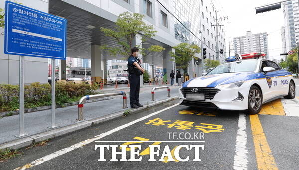 대전 동구 대동 지식산업센터 앞에 설치된 순찰차 전용 주차구역의 모습. /대전 동구