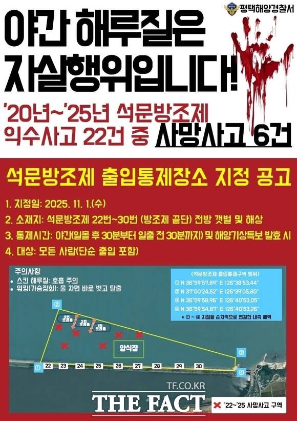 당진 석문방조제 수난사고 방지 출입통제장소 지정 홍보물. /당진시