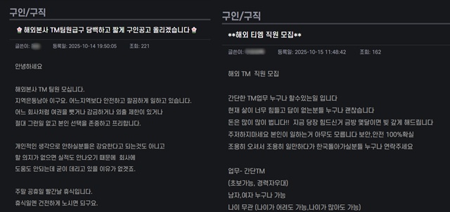 고가에 대량의 개인 및 법인 계좌를 매입한다, 해커 구인, 개인장(개인 통장) 명의자 모신다 등 각종 불법 행위에 연루될 수 있는 글도 버젓이 올라왔다. 심지어 미친 수익 보장. 2012년생부터 가능, 용돈벌이 최고라는 문구를 내세워 미성년자까지 유인하는 글도 있었다. /하데스 카페 갈무리