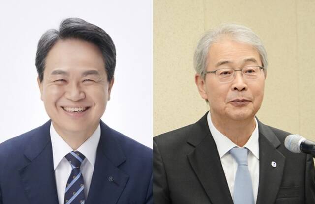 진옥동 신한금융그룹 회장(왼쪽)과 임종룡 우리금융그룹 회장의 연임 여부가 주목받는 가운데, 이들의 생산적 금융 강화 행보에도 시선이 쏠린다. /신한금융, 더팩트 DB