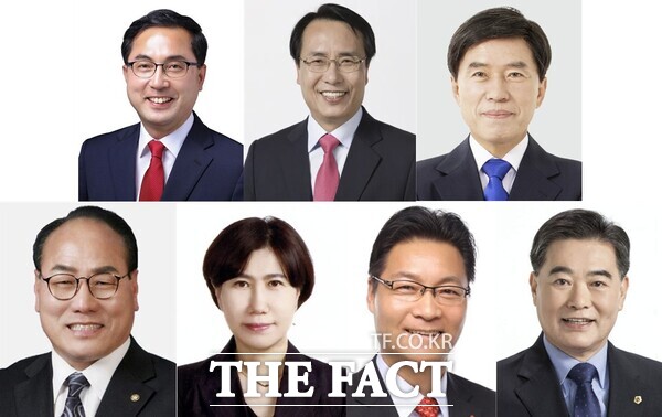 제9회 전국동시지방선거 대전 동구청장 후보군 모습. 왼쪽 상단부터 시계방향으로 박희조 동구청장, 한현택 전 동구청장. 황인호 전 동구청장, 남진근 전 대전시의원, 윤기식 전 장철민 국회의원 보좌관, 정유선 더불어민주당 전국소상공인위원회 부위원장. 윤종명 조국혁신당 대전 동구 지역위원장 /정예준 기자