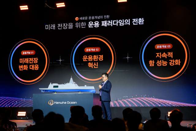 한화오션 특수선사업부가 14일 개최한 제3회 차세대 함정 기술 연구회에서 어성철 특수선사업부장 사장이 ‘차세대 전략 수상함’ 모형을 공개하는 모습. /한화오션