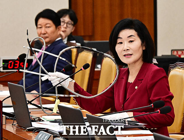 김희정 국민의힘 의원이 16일 오후 서울 여의도 국회 국토교통위원회에서 열린 한국도로공사 등에 대한 국정감사에 참석해 고속도로 동파 방지 열선 불량 문제에 대한 질의를 하고 있다. /국회=배정한 기자