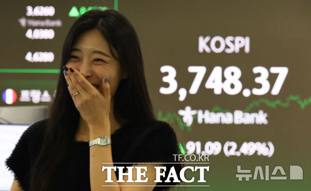 14일 한국거래소에 따르면 코스피는 전 거래일 대비 2.49%(91.09포인트) 오른 3748.37에 거래를 마쳤다. /뉴시스