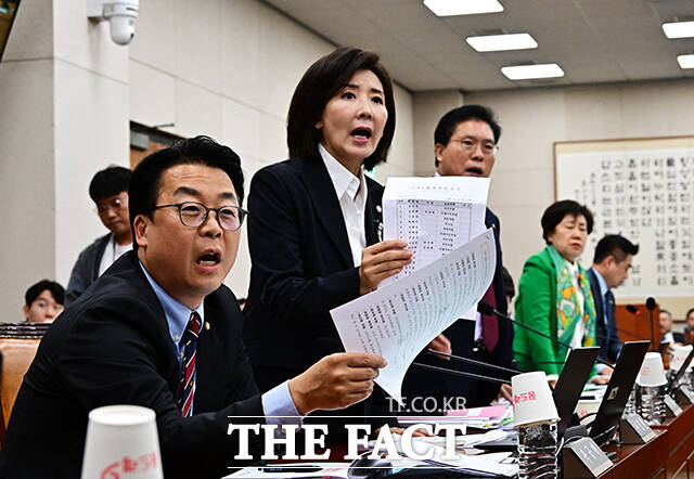 추미애 법사위원장의 회의 진행 방식에 항의하는 곽규택, 나경원 국민의힘 의원(왼쪽부터).