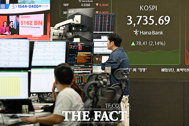 코스피가 사상 처음으로 3700선을 돌파한 16일 오후 서울 중구 하나은행 본점딜링룸 전광판에 코스피 지수가 나타나고 있다. /서예원 기자