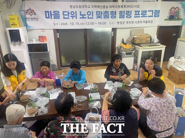 충남도립대 재학생들이 청양군 대치면 시전리 마을을 찾아 ‘노인 맞춤형 힐링 프로그램’을 진행하고 있다. /충남도립대