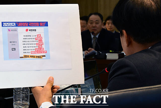 이성윤 더불어민주당 의원이 손인혁 헌법재판소 사무처장(가운데)을 상대로 내란정당 국민의힘 해산과 관련해 질의하고 있다.