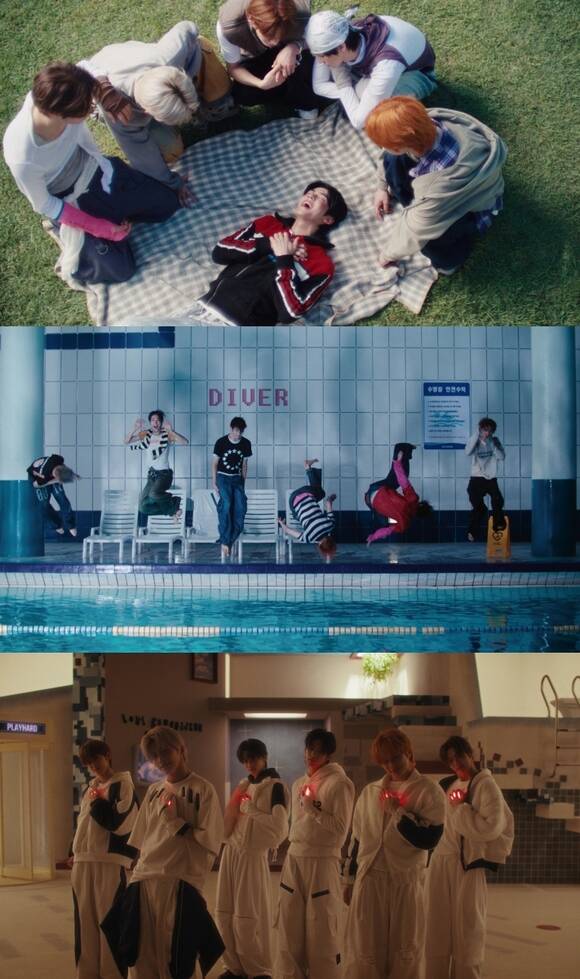 타이틀곡 OVERDRIVE는 중독성 있는 기타 테마 리프에 묵직한 드럼 톤과 통통 튀는 베이스 라인을 더해 청량하면서도 에너지 넘친다. 사진은 뮤직비디오 장면. /플레디스