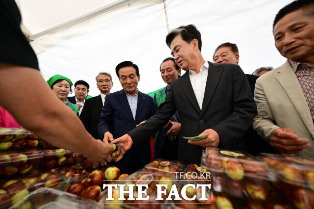 김태흠 충남지사(가운데)와 백성현 논산시장(왼쪽)이 2025 연산대추문화축제장을 살펴보고 있다. /논산시