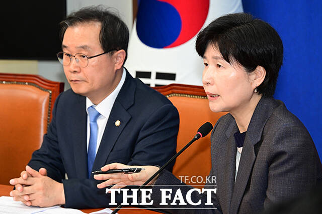 백혜련 민주당 사법개혁특별위원회 위원장이 20일 서울 여의도 국회에서 열린 사법개혁특별위원회 사법개혁안 발표에 참석해 개혁안을 발표하고 있다. 왼쪽은 이건태 간사. /국회=남윤호 기자