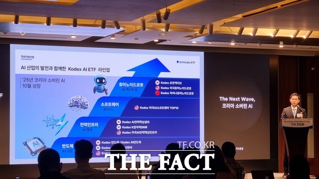 정재욱 ETF운용본부장이 20일 서울 소공동 웨스틴조선호텔에서 열린 KODEX 코리아소버린AI ETF 상장 기자간담회에서 KODEX의 AI ETF 라인업에 대해 설명하고 있다. /이한림 기자