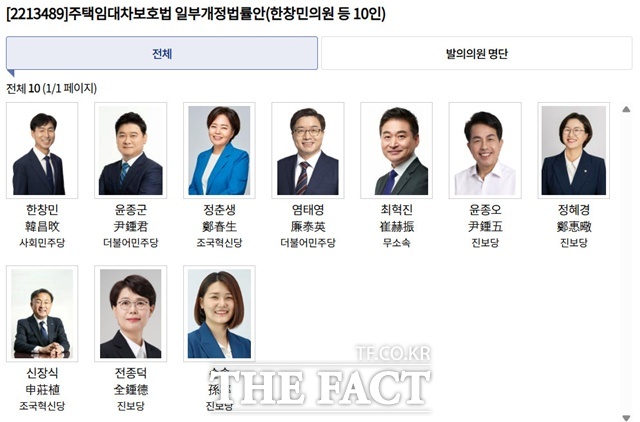 주택임대차보호법 일부개정법률안을 발의한 의원 명단이다. /공미나 기자