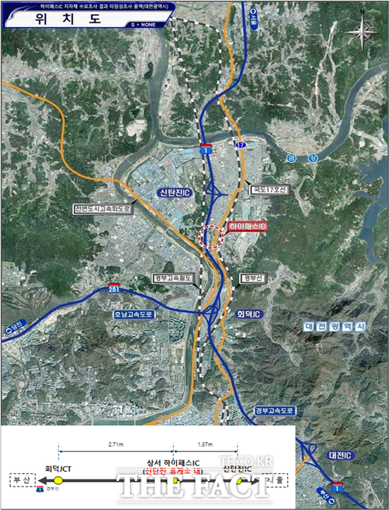 경부고속도로 서울 방향에 있는 신탄진 휴게소에 직접 연결되는 하이패스 전용 나들목인 상서 하이패스 IC가 23일 오후 2시부터 개통한다. 사진은 상서 하이패스 IC 위치도. /한국도로공사 대전충남본부