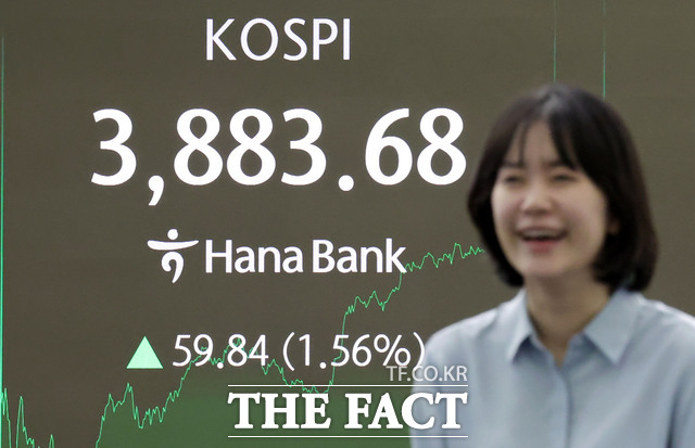 22일 한국거래소에 따르면 코스피는 전 거래일 대비 1.56%(59.84포인트) 오른 3883.68에 거래를 마쳤다. /뉴시스