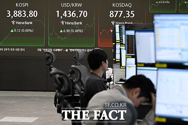 코스피 지수가 사상 처음으로 3900선을 돌파한 23일 오후 서울 중구 하나은행 딜링룸 전광판에 코스피 지수가 나타나고 있다. /남용희 기자