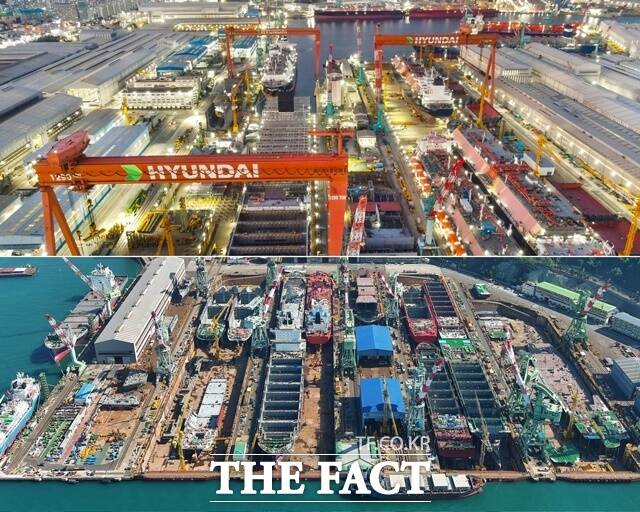 HD현대중공업(위)과 HD현대미포(아래) 야드 전경. /HD현대