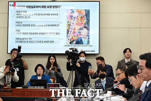 정치권 안팎에서는 국정감사의 본래 취지를 잃고 정치 무대로 변질됐다는 비판이 거세다. 사진은 김장 국민의힘 의원이 국감에 앞서 최민희 위원장 자녀 결혼식과 관련해 자료제출 요구를 하고 있논 모습. /남윤호 기자