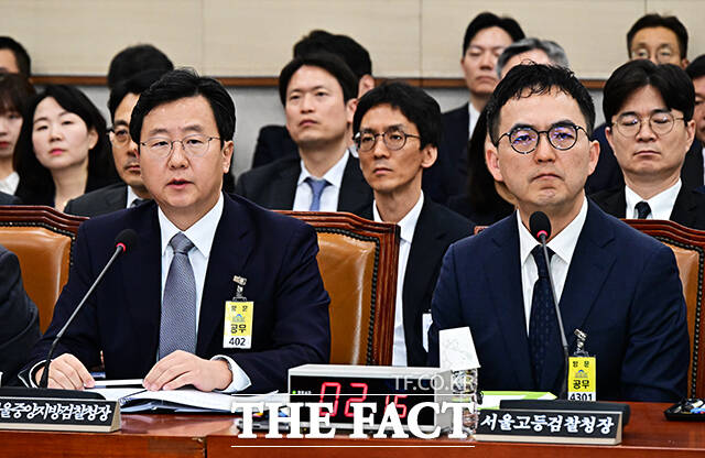 질의에 답변하는 정진우 서울중앙지방검찰청장(왼쪽).